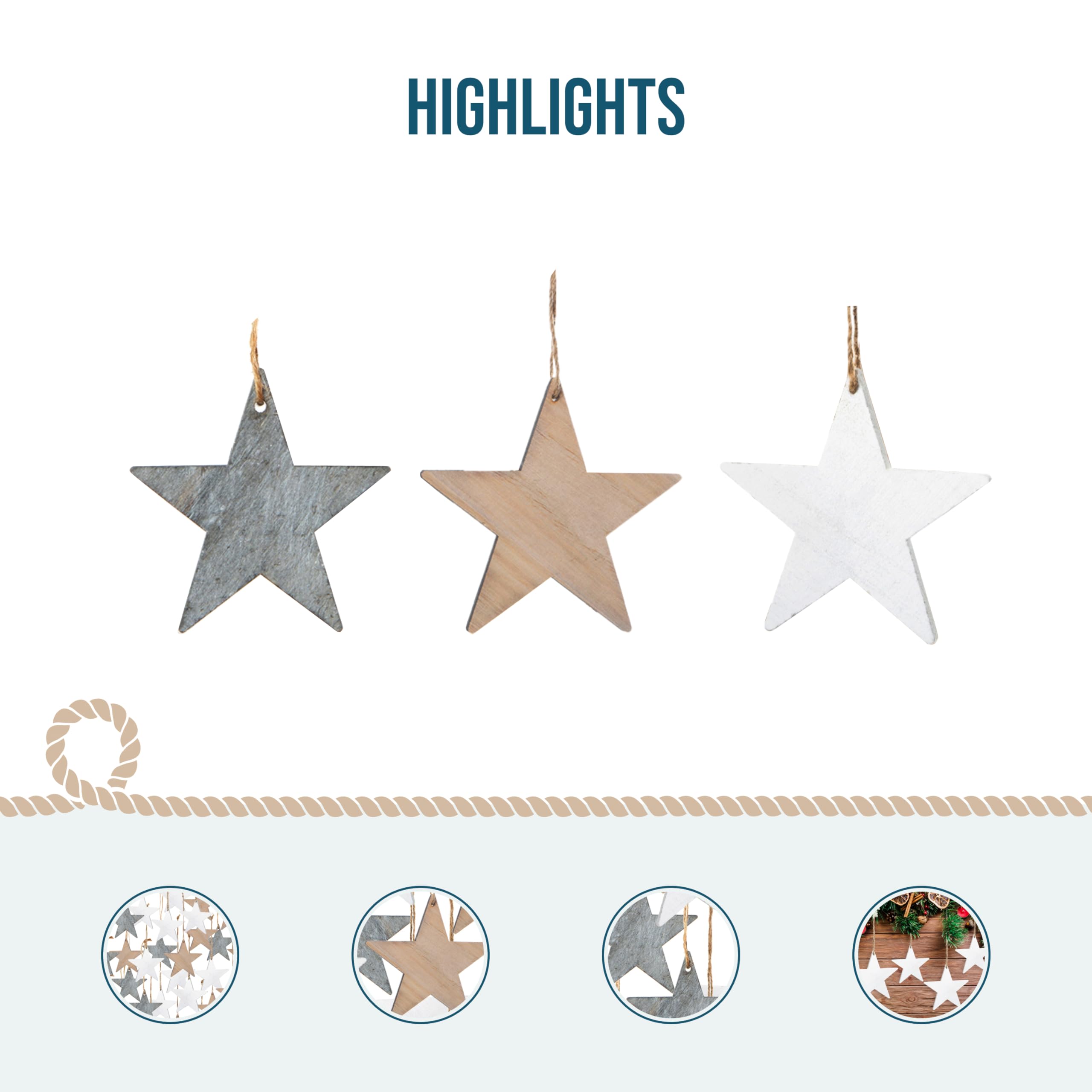 Colgantes Madera Estrellas, 90 Unidades: Adornos navideños Naturales Blancos Grises y Madera, decoración hogar y árbol Navidad rústica, Colgante para Regalos y Manualidades, 7 cm