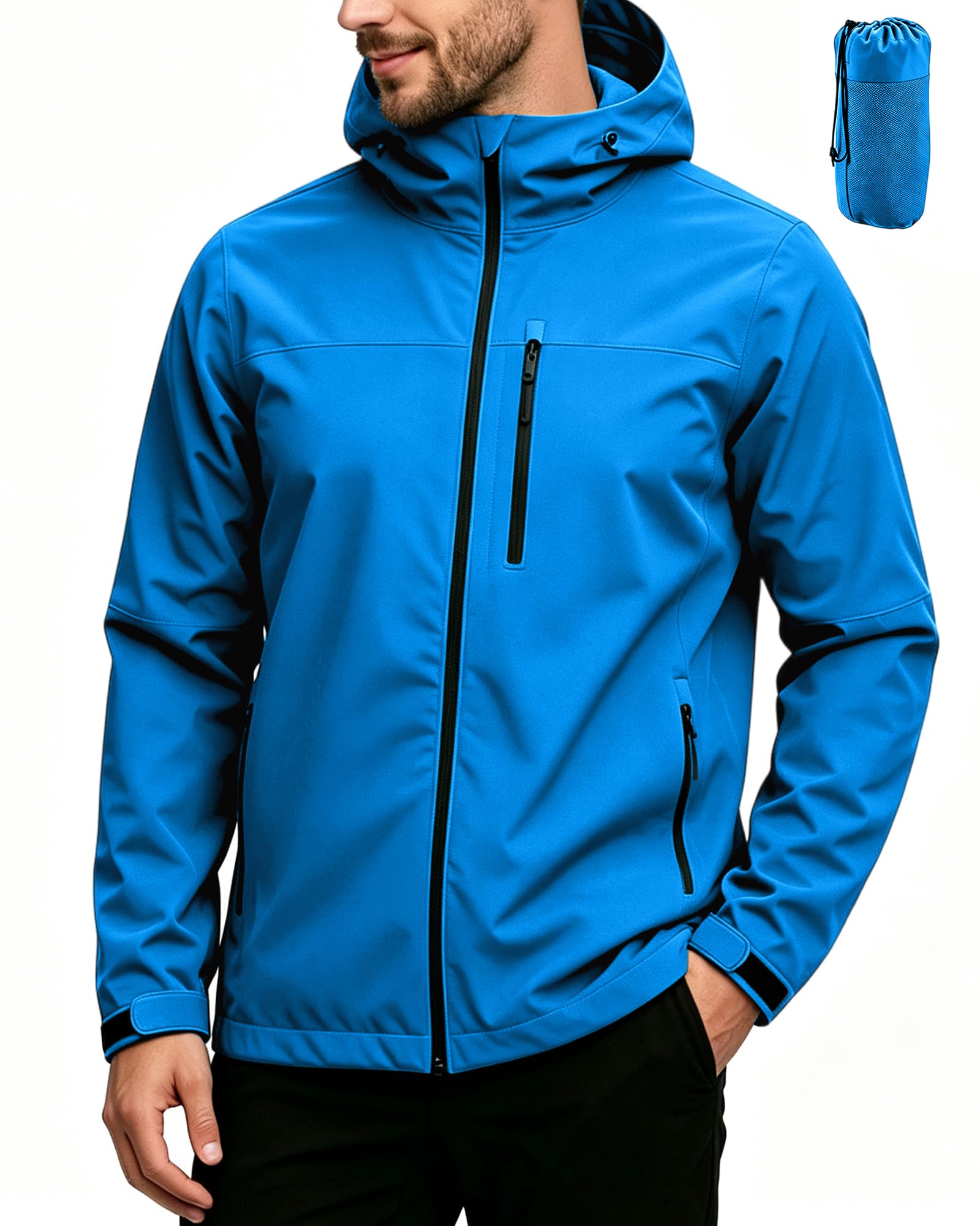 PYALT Jacke Herren Wasserdichte Atmungsaktiv Softshelljacke Leichte Regenjacke Packbare Windbreaker Fahrrad Regenmantel mit Kapuze