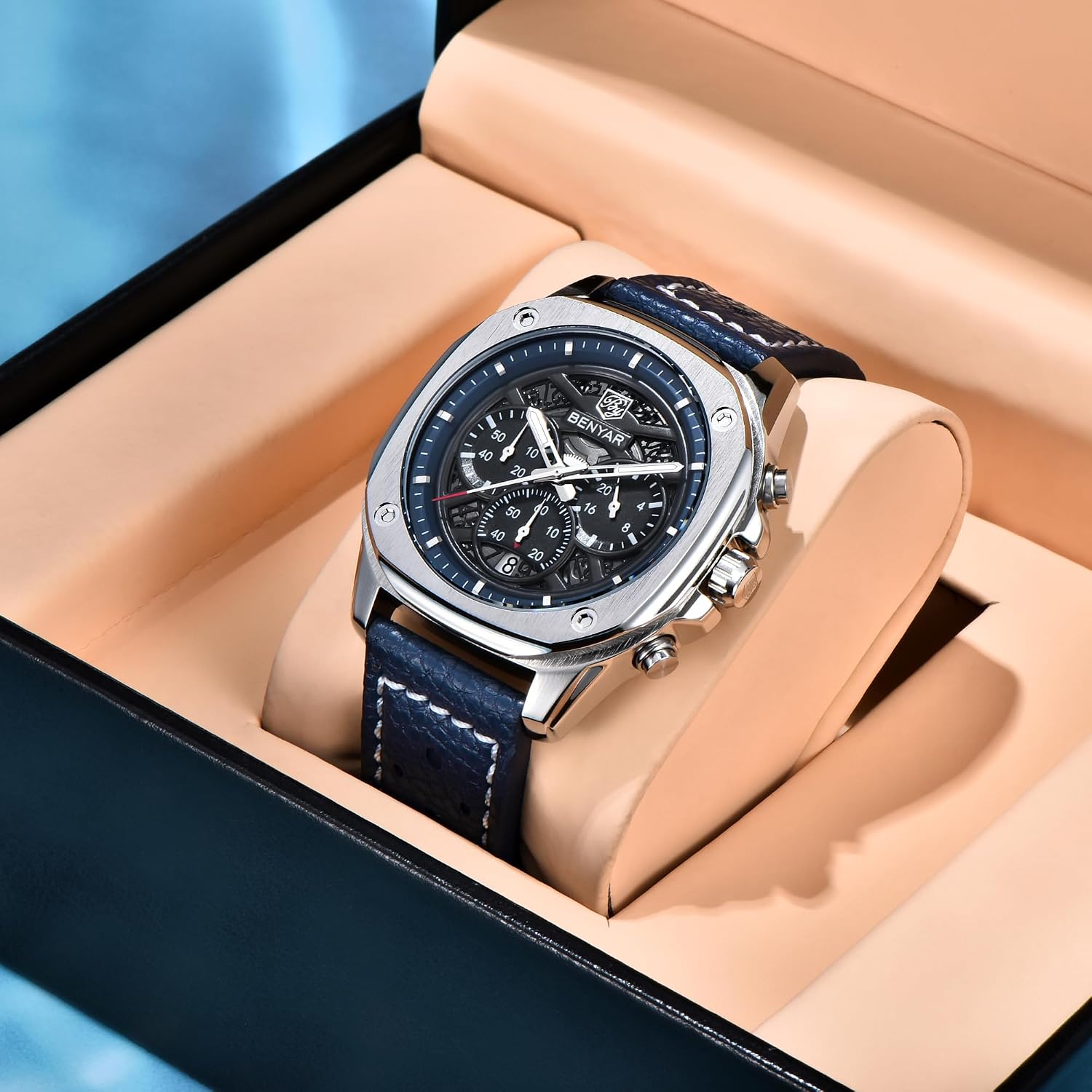 BENYAR Men's Watch Chronograph Stainless Steel Case with PU Leather Strap Triple Subdials & Date Men Fashion Casual Watch