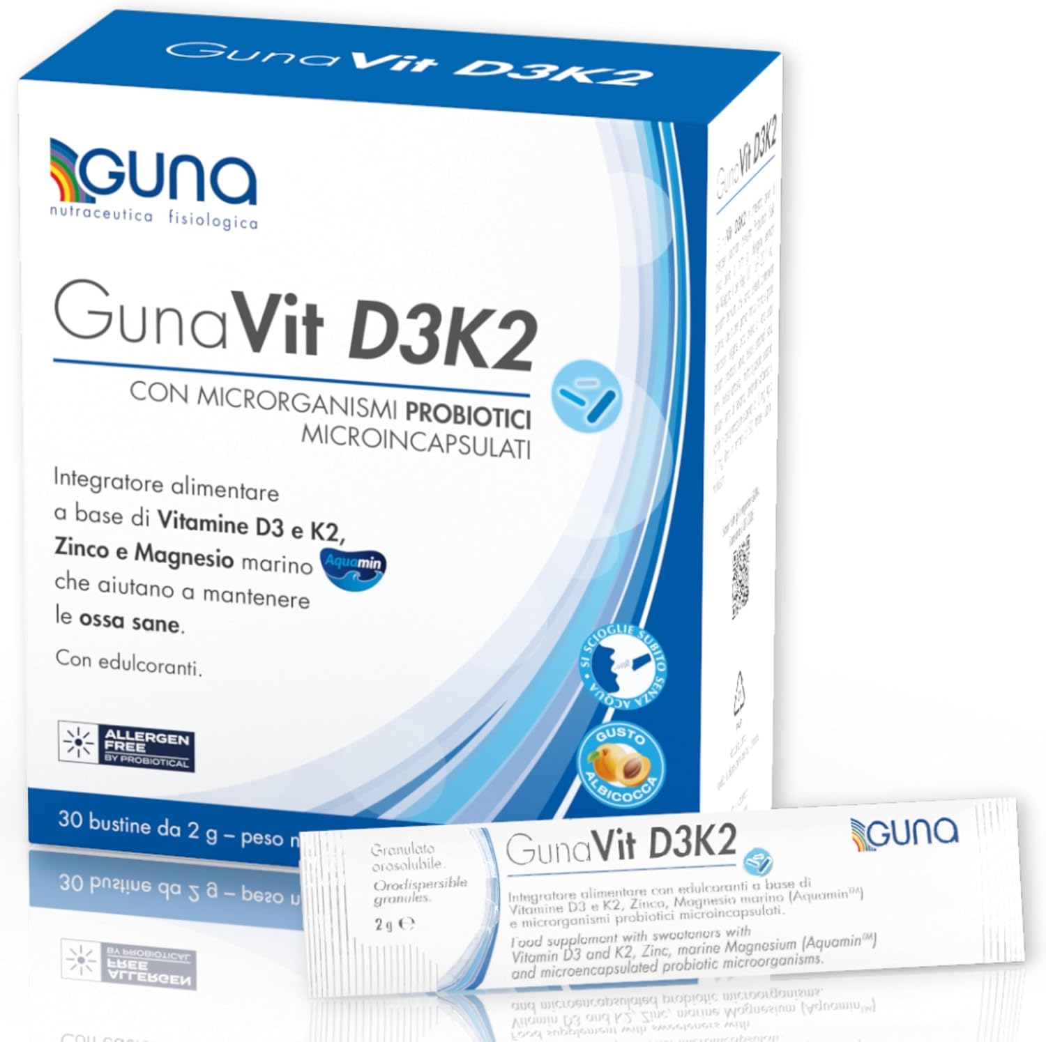 Guna GunaVit D3K2 con Microrganismi Probiotici MIcroincapsulati - 30 Bustine - Integratore Alimentare con Edulcoranti a Base di Vitamine D3 e K2, Z…