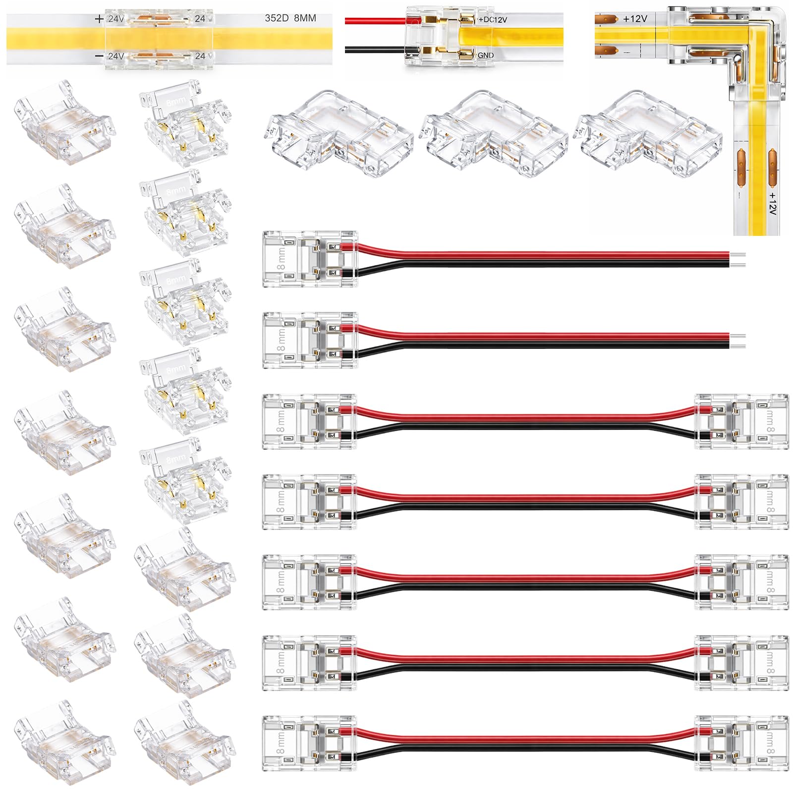 CoKeeSun 25 Stück COB LED Streifen Steckverbinder Set für 2Pin 8mm Breite COB Streifen, 15 x Transparente Mittelverbinder, 5 x Dual-End Verlängerungsdrähte, 2 x Single-End Verbindungskabel, 3 x L-Form