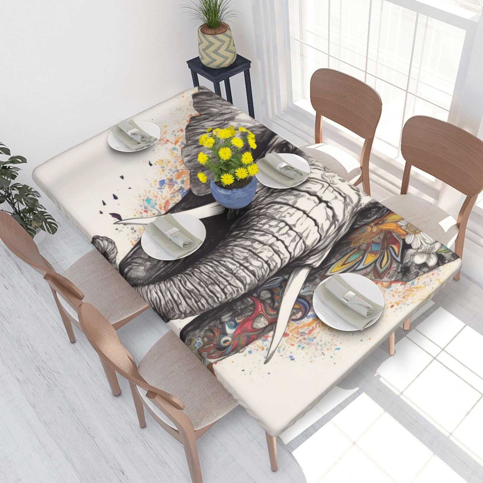 WPKJU Elephant Printed Tablecloths 4ft Rectangular Table Covers Washable Polyester Decorative Table Cloth for Dining Table Picnic Wedding