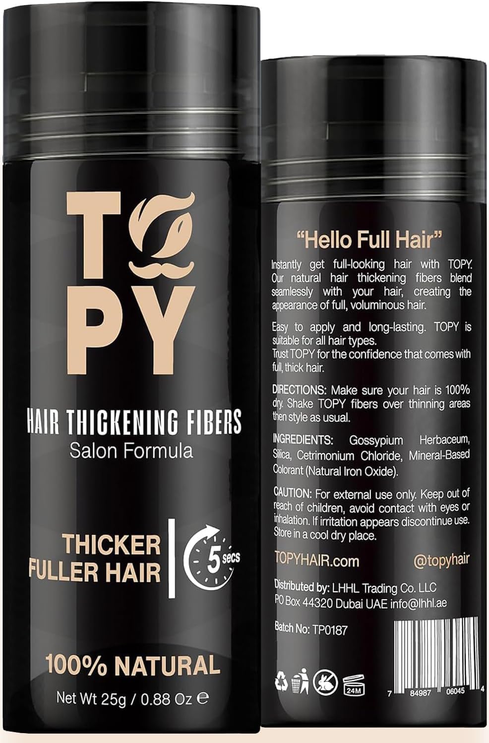 TOPY Hair building Fibers 25g Professional Salon Formula, 100% Natural Hair Thickening Hair Fibers Volume Powder For Hair & Beard. Hair fibres For Men & Women