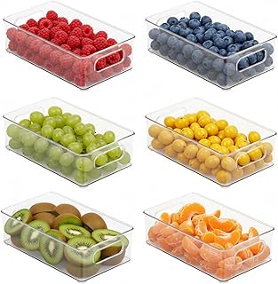 Four Flowers Clear Plastic Storage Bins with Handles – 6 Pack Refrigerator Organizer Bins for Fridge, Pantry, Kitchen, Cabinet, Freezer, Countertops, Cupboard, Home Organization