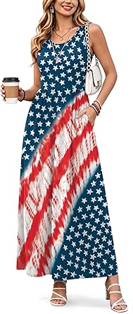 For G and PL Women's 4th of July Maxi Dress American Flag Sleeveless Long Sundress with Pockets
