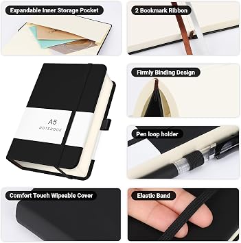 A5 Notebook Plain - PU Leather Notebook A5-14x21cm Black Notepad Hardcover - 100g/m² Unlined Paper Notebook - A5 Note Book 360 Pages Blank Notepads Travel Journal Planner
