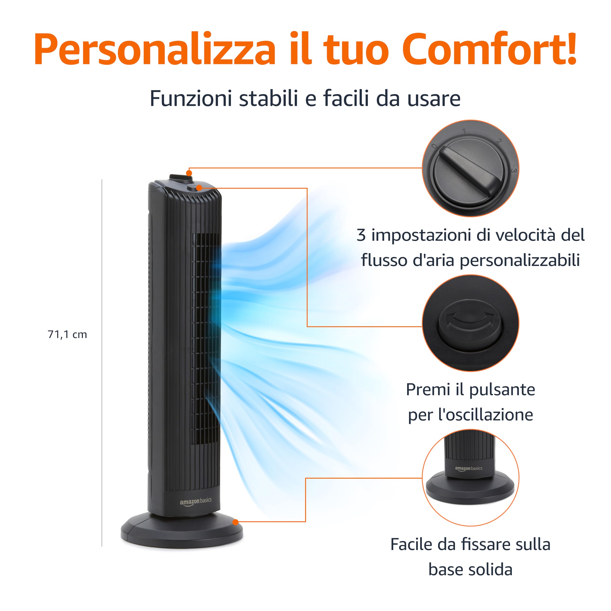 Amazon Basics Ventilatore a Torre Oscillante 71 cm con Angolo di 60 Gradi per Camera da Letto, Soggiorno, Ufficio, 3 Velocità, Controllo Meccanico Intuitivo, Nero Opaco, 35W, 71 cm x 24 cm x 24 cm