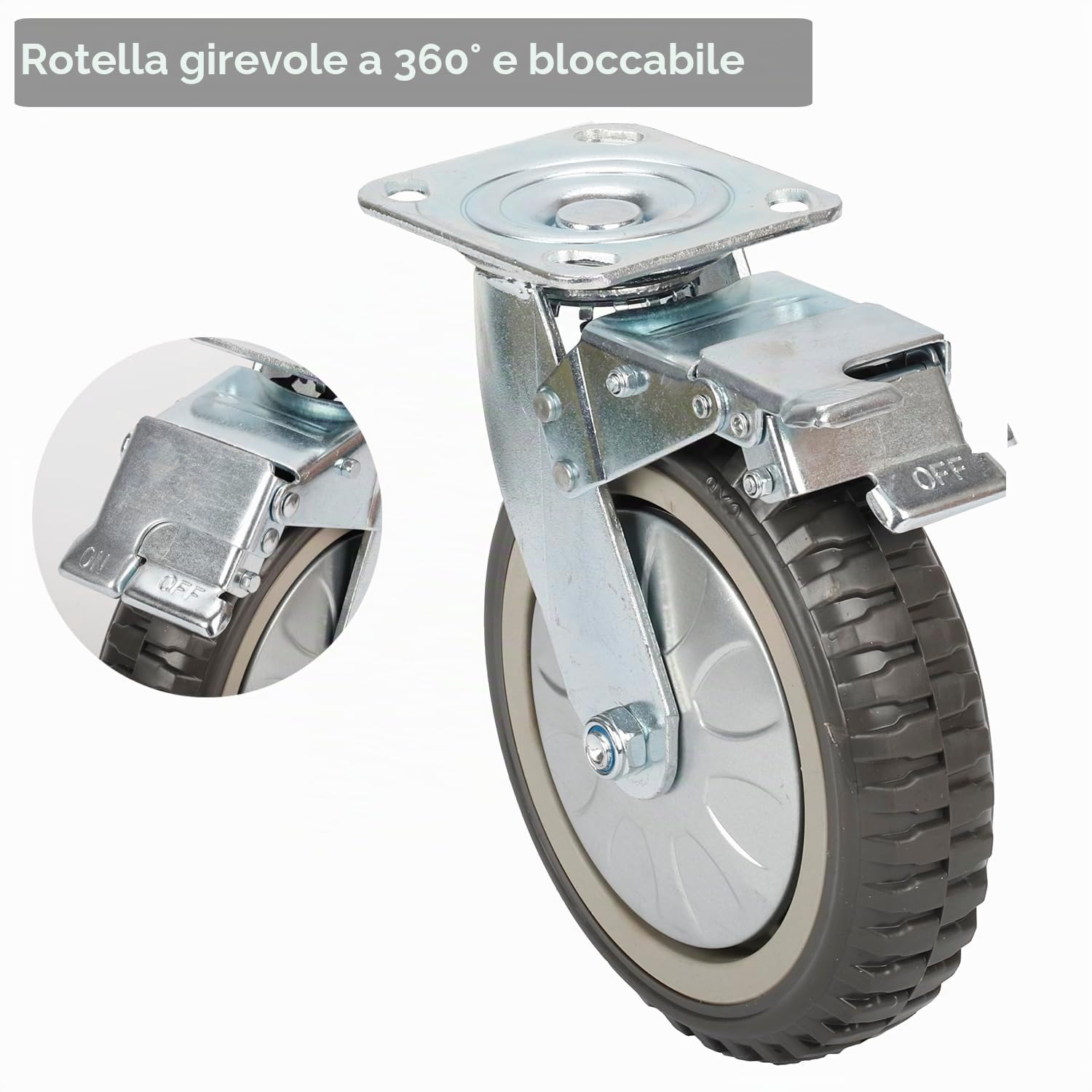 Nisorpa Ruote Industriali 200 mm - Set 4 Pezzi: 2 Fisse + 2 Girevoli Con Freno - Carrello Resistente Per Mobili, Capacità 1400 kg