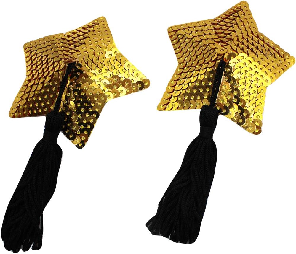 MINGSEECESS Reusable Stars Sequin Silicone Pasties Bra Sexy Breast Petals with Tassel Gold at  Women’s Clothing store