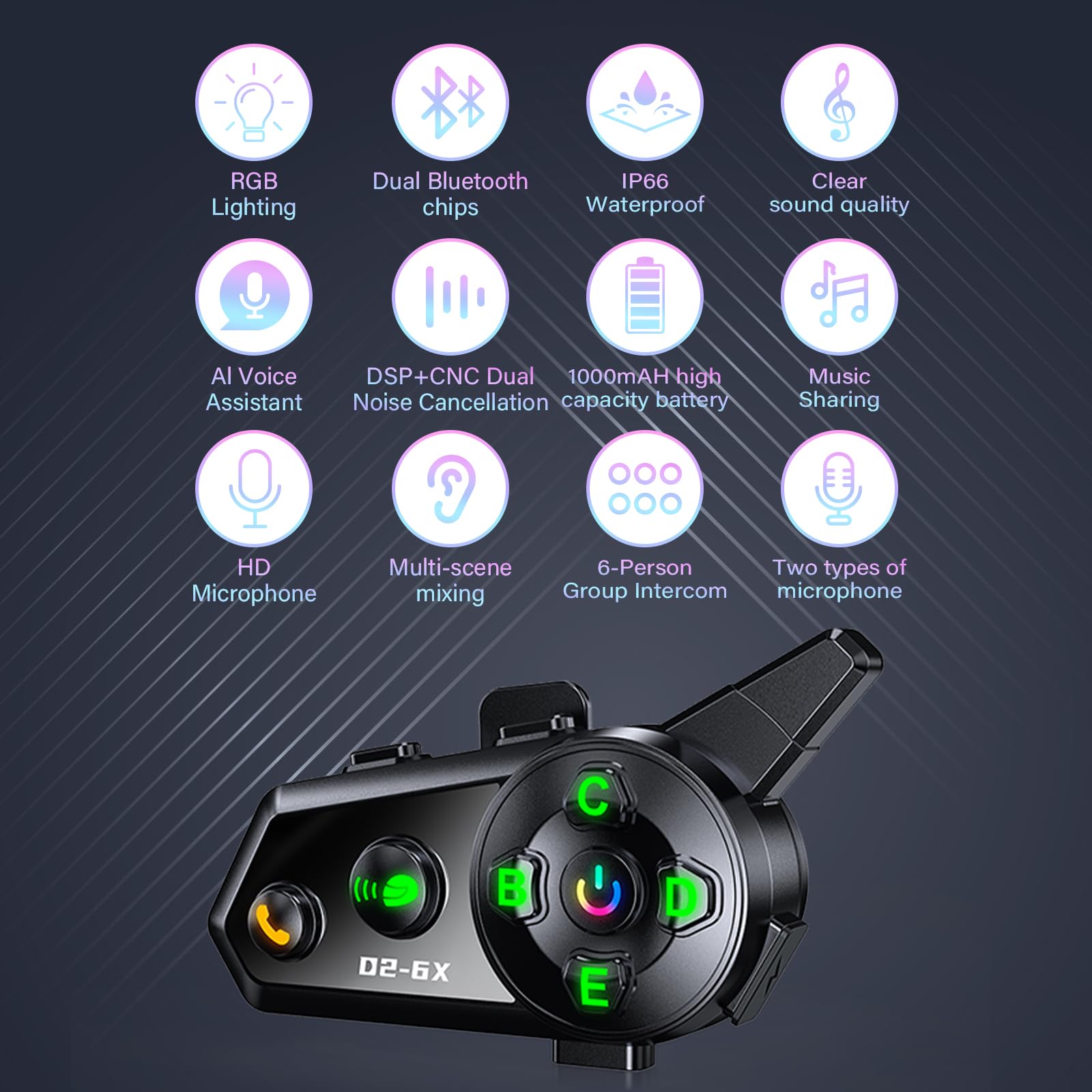 Interfono Moto Casco Auricolare Bluetooth Casco Moto Coppia con Doppio Chip per Multitasking Audio Cuffie 1000M Sistema di Comunicazione Casco 2 a 6 Motociclisti Compatibile con Tutti i Caschi