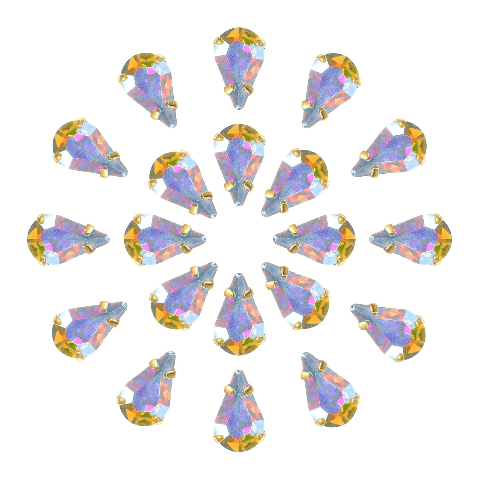 sourcing map 20Pcs Teardrop Sew on Rhinestone - 13x8mm Flat Back Glass Teardrop Crystal Rhinestones in Gold Prong Setting for Crafting, DIY Jewelry, Clothes Decorations (AB Color)