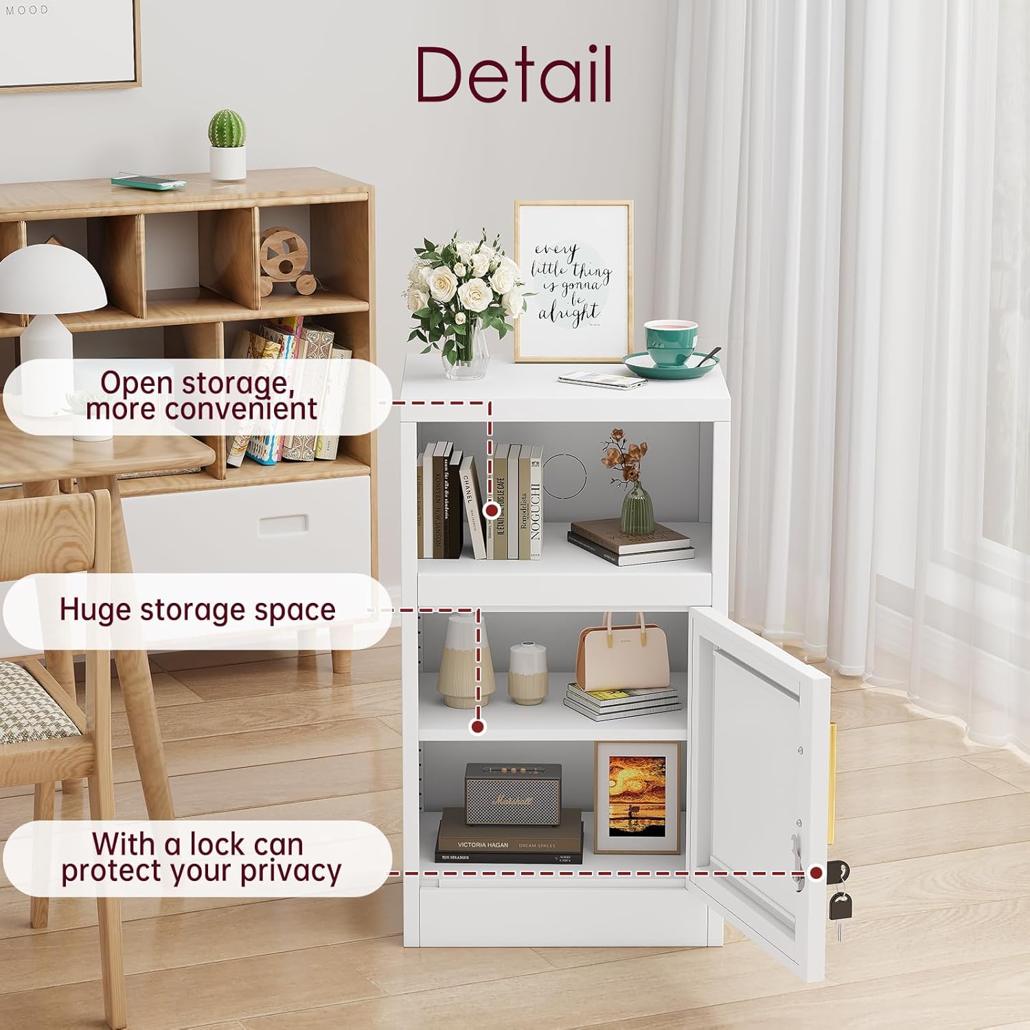 Metal White Nightstands Set of 2 with Lock, File Cabinet with Shelves Storage Cabinet,28" Modern Side Table with Door and Open Shelf, Bedside End Table for Bedroom, Dorm and Small Spaces