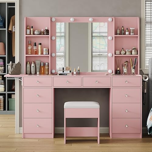 Miniatura 10 de Escritorio de tocador de 59 pulgadas de ancho con espejo y luces, tocador de maquillaje grande con toma de corriente, 8 cajones y 2 gabinetes, 4