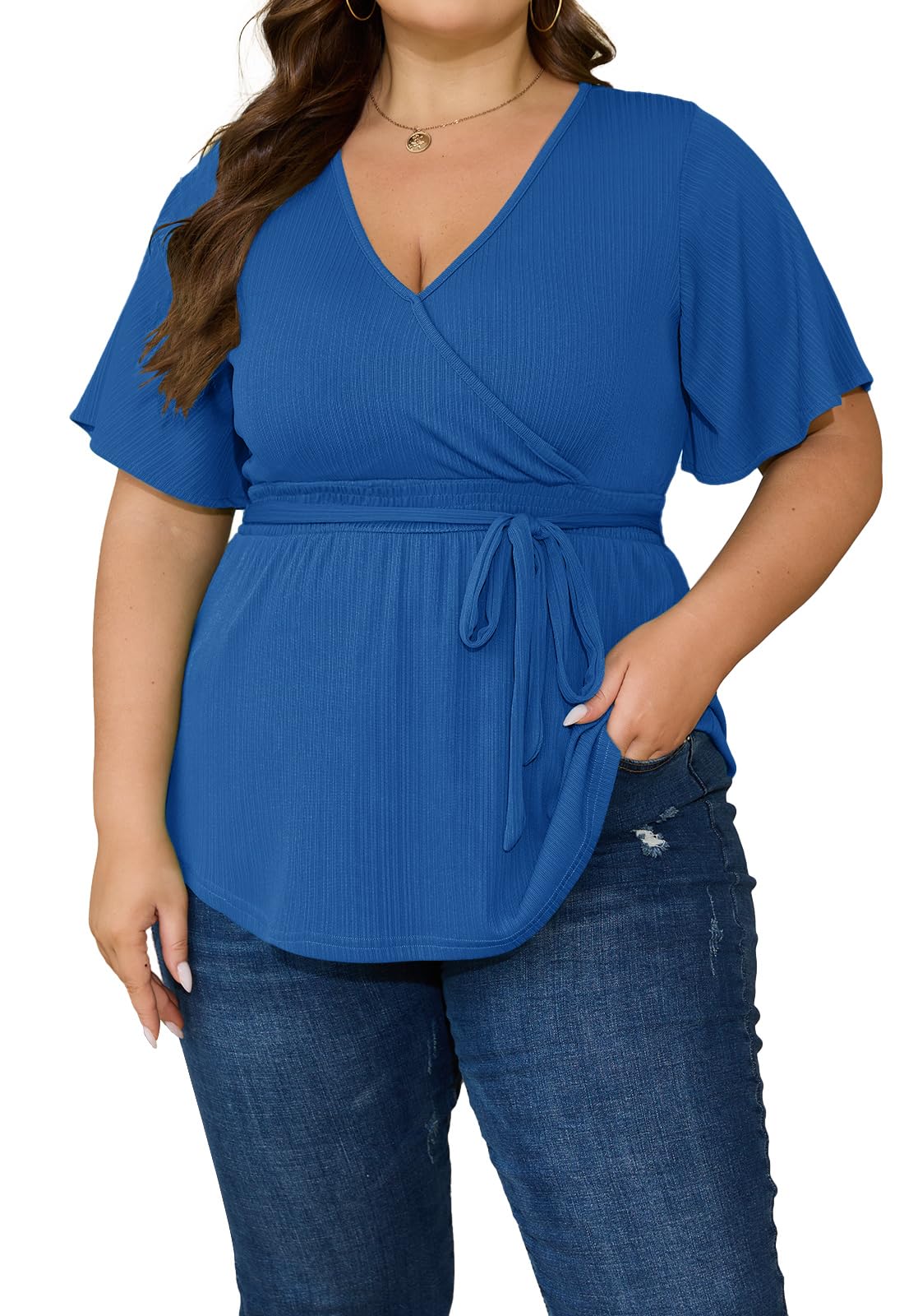 D.Q.RZhong Women’s Plus Size Shirt Summer Short Sleeve V Neck Tie Waist Shirred Peplum Blouse Casual Tunic Tops