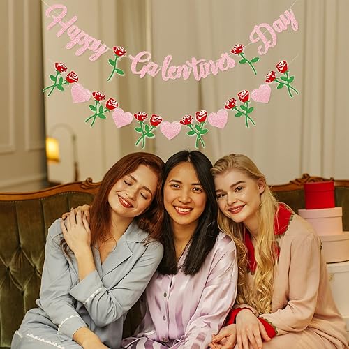 Miniatura 7 de Cartel de Feliz Día de Galentine – Decoración del Día de Galentine con purpurina rosa, pancarta de guirnalda de corazón rosa para damas, niñas,
