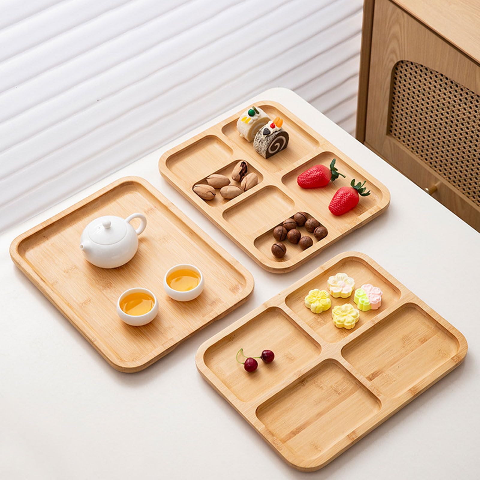 HUHJYUGE Bandeja de Servir, Bandeja para Desayuno, Té, Bandeja Madera Rectangular, Bandeja de Cocina, Bandejas Decorativas para Postre, Café, Pastel, Aperitivos (4)