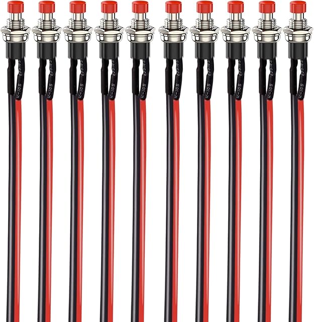 RUNCCI-YUN 10Pcs 1A 250V AC 2 Pins SPST Red Normal Open Mini Momentary Push Button Switch with Pre-soldered Wires