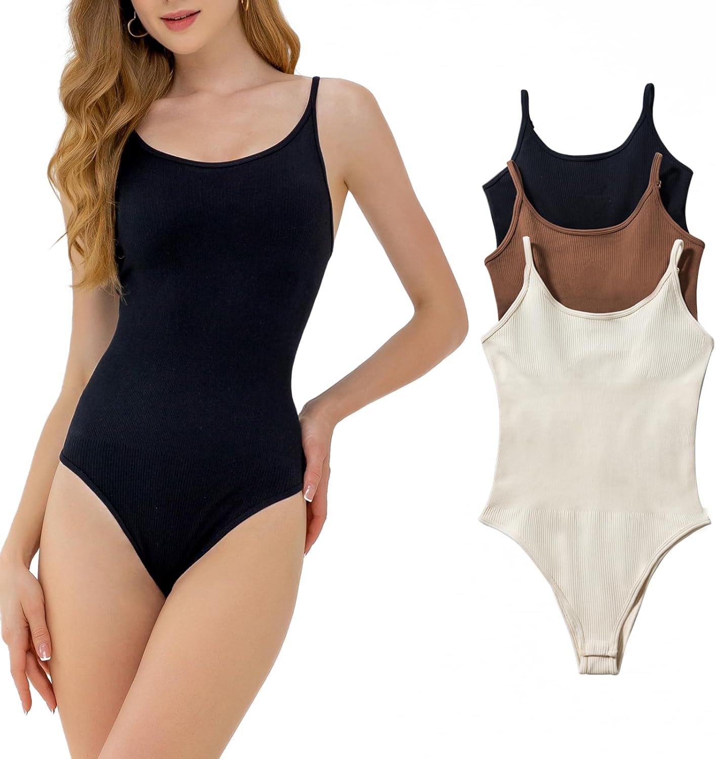 Women’s 3 Pieces Bodysuits Strip Knit Seamless Sleeveless Adjustable Sexy Ribbed Shapewear Shopping&Exercise