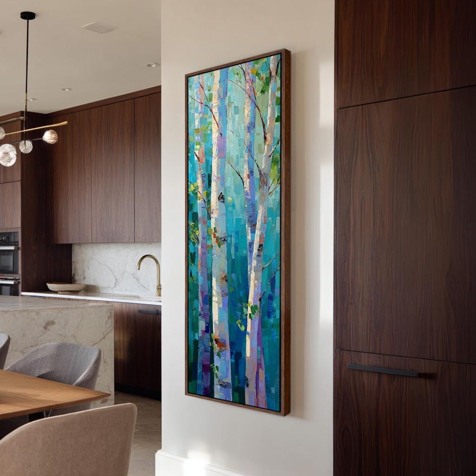YUSUZHU Quadro su tela alto e stretto, ideale per ingresso e corridoio, con stampe verticali di alberi, betulla su tela, decorazione naturalistica lunga e sottile (20x60 cm/cornice interna)