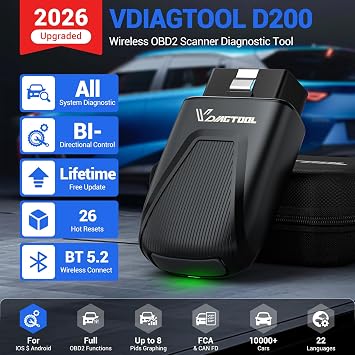 VDIAGTOOL D200 OBD2 Scanner Bluetooth, Lifetime Free Update Car Diagnostic Tool with 26+ Resets, Bidirectional All System Diagnostic Scanner for iOS & Android, FCA & CAN FD Wireless Fault Code Reader