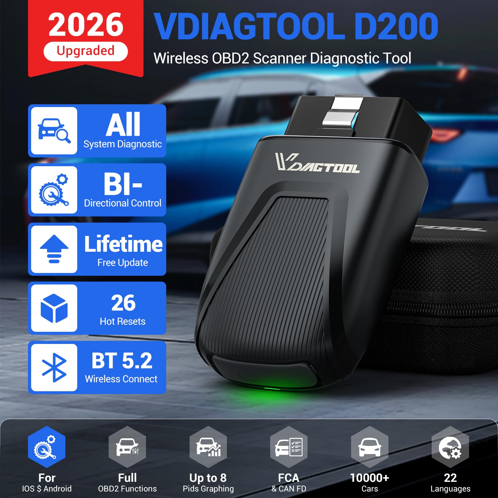 VDIAGTOOL D200 OBD2 Diagnostica Auto Bluetooth, Diagnosi Auto Aggiornamenti Gratuiti a Vita e 26+ Reset, Scanner OBD2 Tutti i Sistemi per iOS e Android, Bidirezionale OBD Lettore Codici Di Errore