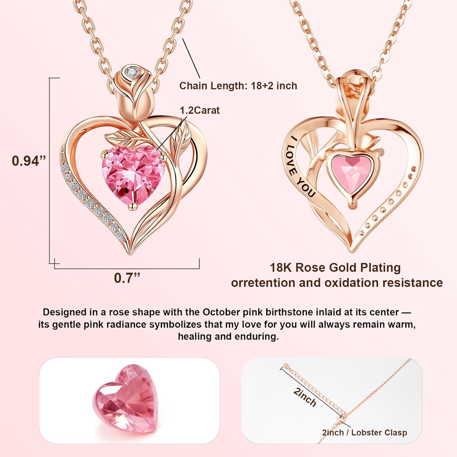 1.2CT Rose Heart Necklace Option of Moissanite or Lab-Grown Sapphire Ruby Emerald&More Necklace for Women Birthstone Girlfriend Necklace S925 Sterling Silver 18K White/Rose Gold Plated D Color VVS1 Gift for Wife Mother Daughter for Birthday Anniversary Valentine's Day Engraved 'I LOVE YOU' - Image 2