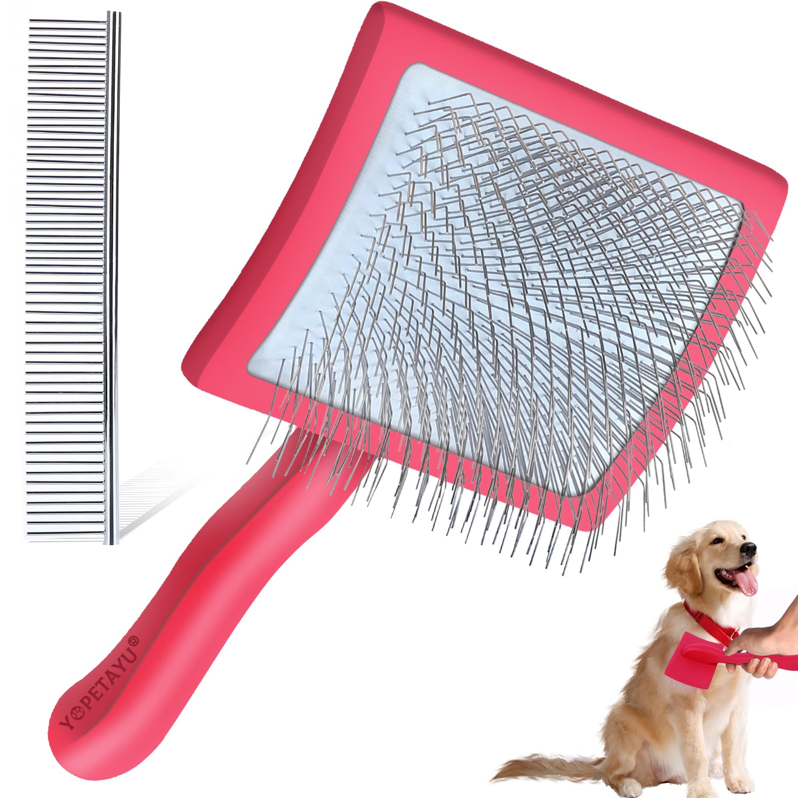 YOPETAYU Dog Slicker Brush for Goldendoodles, Poodles & Long Haired Dogs - Long Pin Doodle Brush & Pet Comb Kit Removes Tangles Loose & Knots,