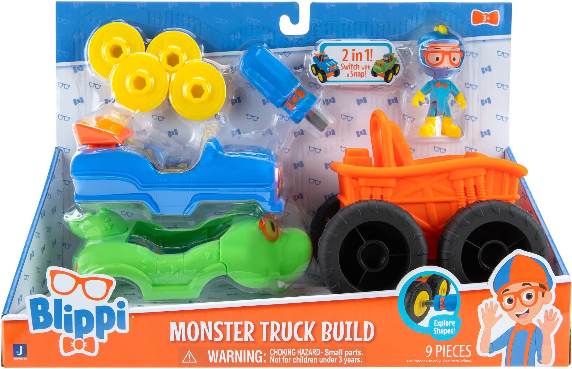 Blippi MONSTER TRUCK BUILD - 3-Inch Racer Figure, 1 Monster Truck Body, 1 Dinosaur Truck Body, Screw on Hubcaps with Shapes, Educational Toys for Kids - 2+