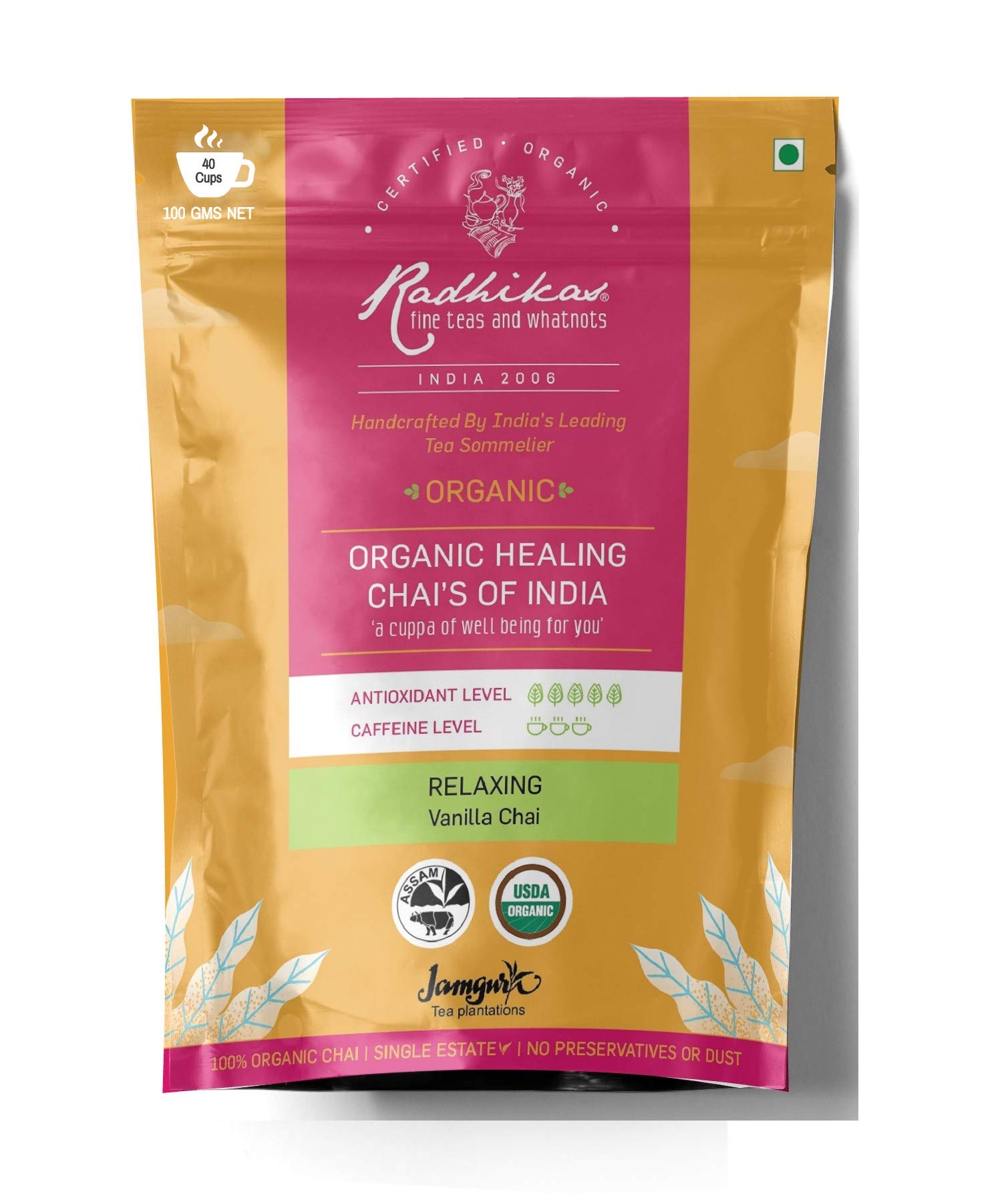 Radhikas Fine Teas and Whatnots RELAXING Vanilla Chai Vanilla Black Tea Box, 100gm - Makes 40 Cups of Tea