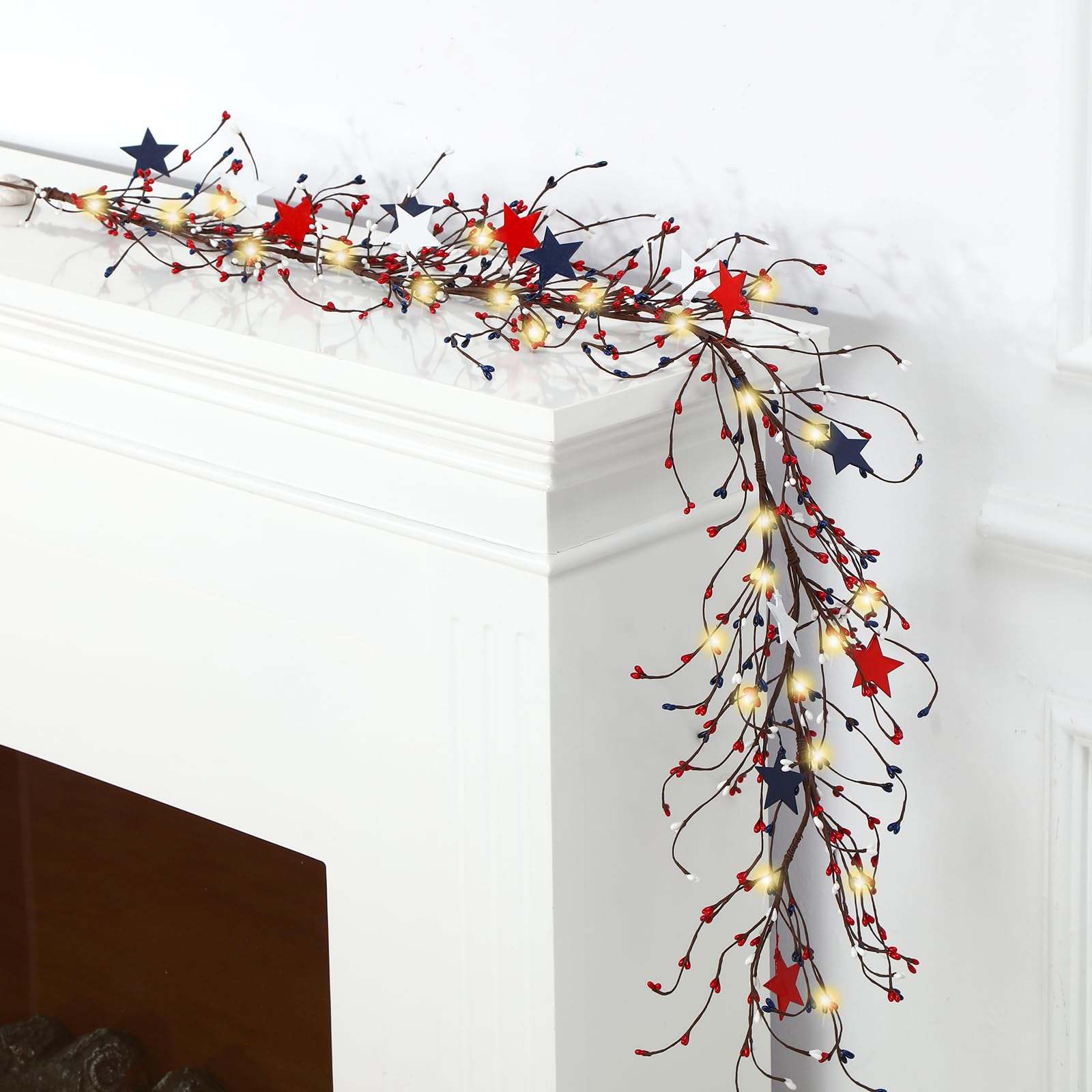 Decoración patriótica de pared guirnalda larga de luces de hadas con estrellas metálicas