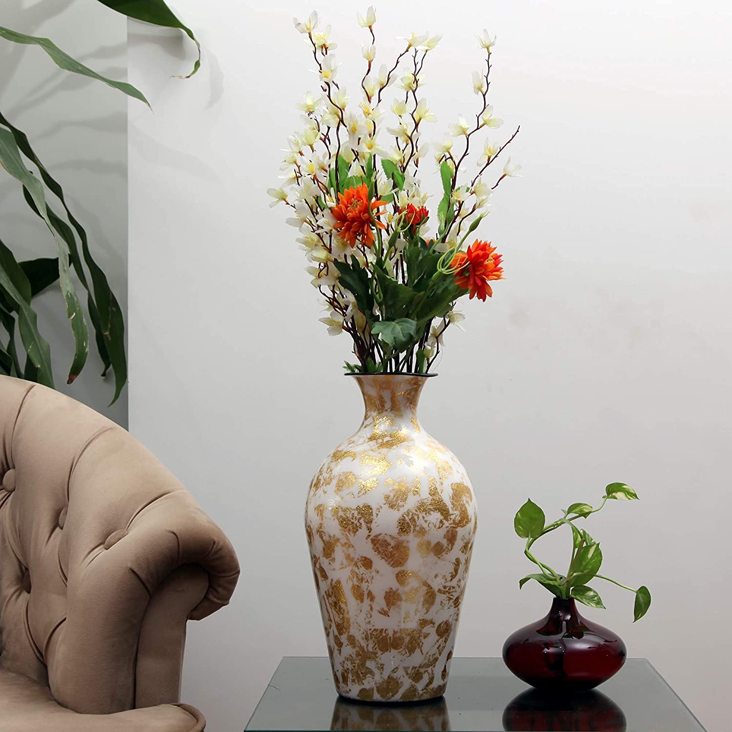 Vase à fleurs en métal blanc et or pour décoration de salon