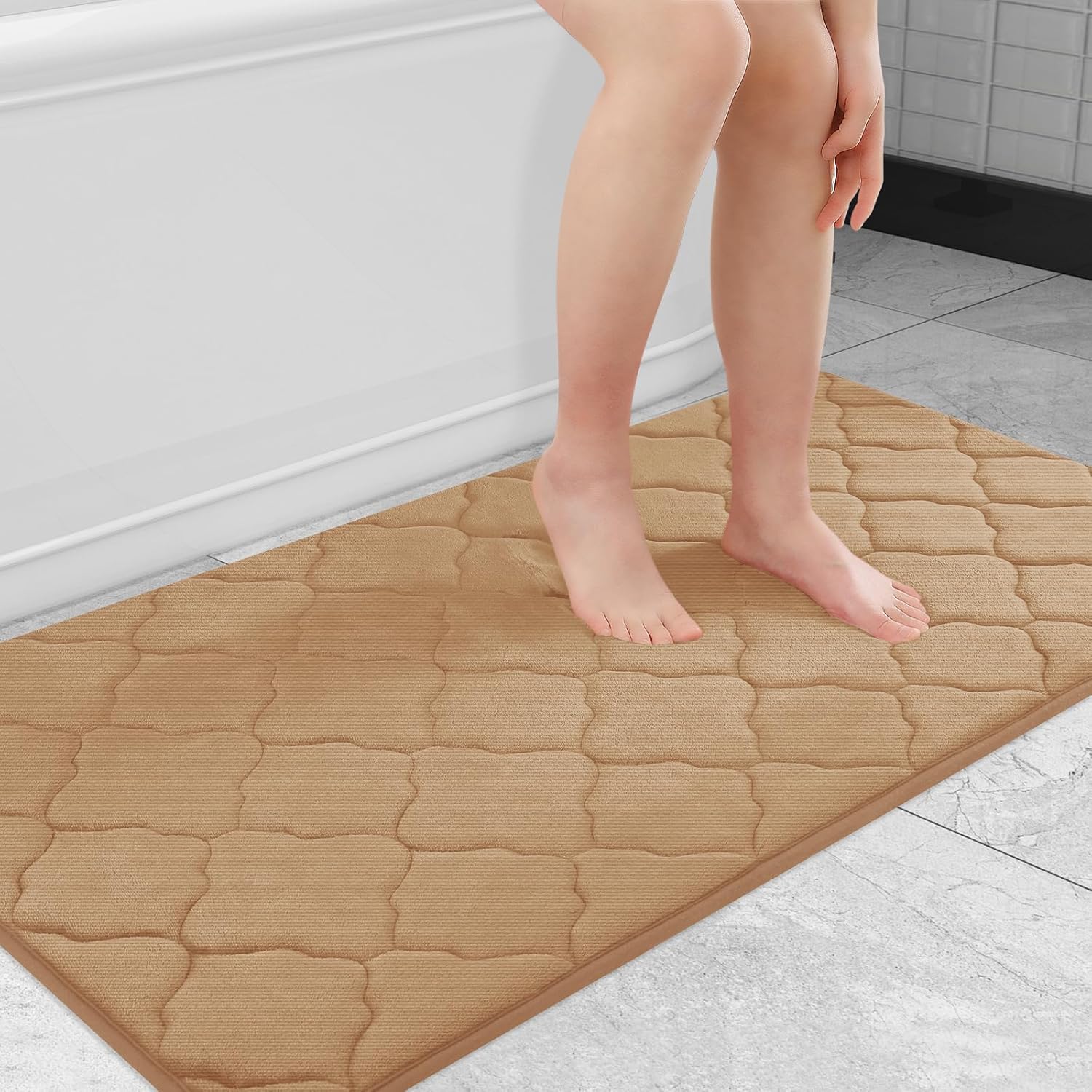 OLANLY Memory Foam Bath Mat Rug 47x24, Ultra Soft and Absorbent Bathroom Rugs, Non-Slip, Comfortable, Machine Washable Bath Carpet for Bathroom Floor, Tub Shower and Home Decor Accessories, Dark Beige