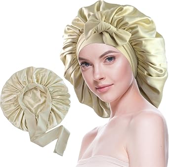 Silk Bonnet for Sleeping Women Satin Bonnet Double Layer Night Sleep Cap with Elastic Tie Band for Curly Natural Hair Champagne