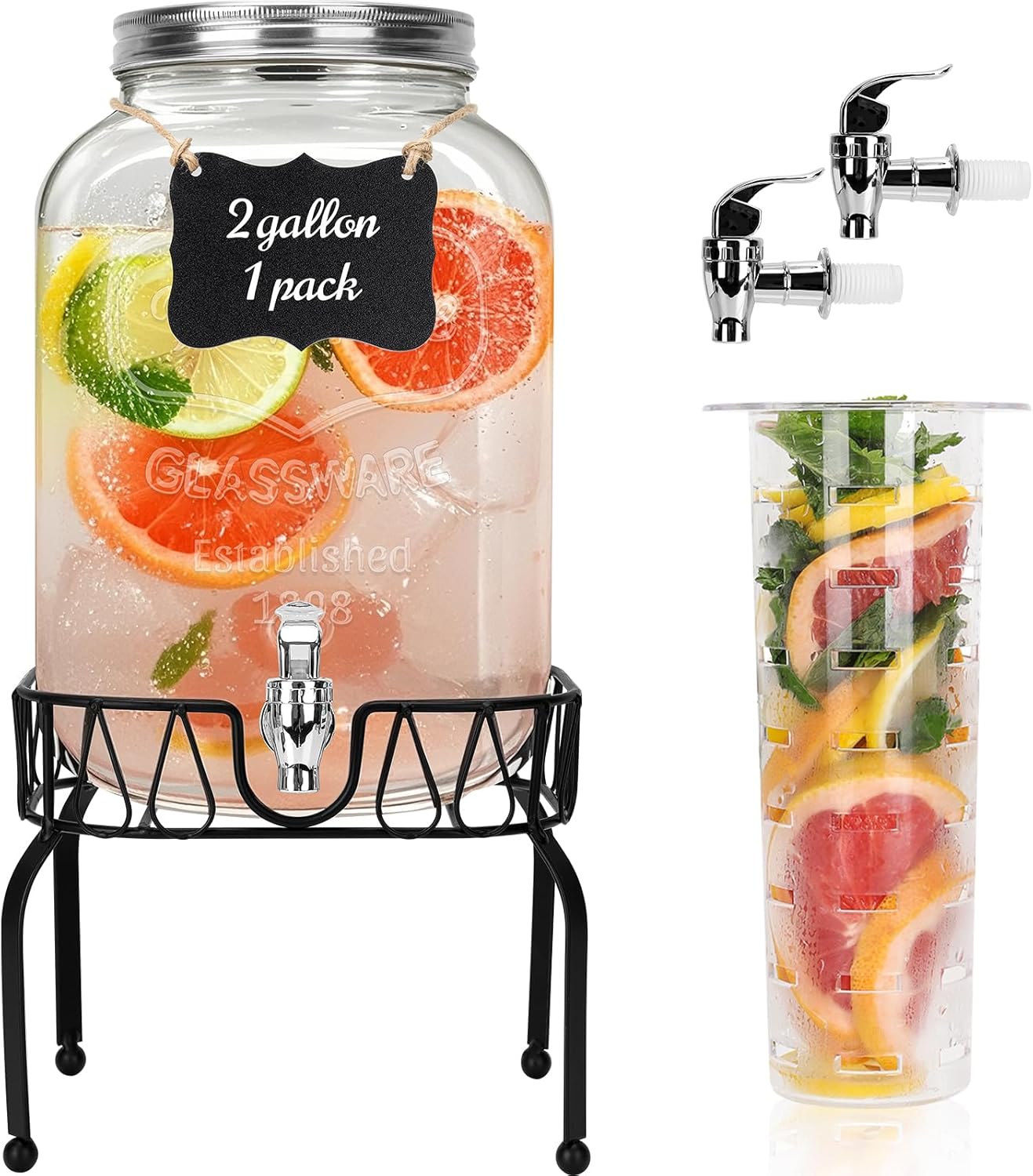 DHSBTLS 2 Gallon Glass Drink Dispensers, 1 Pack Clear Beverage Dispenser for Party, BBQ and Picnic, Juice Dispenser with Ice Core, Black Stand, Spigot, Markers and Chalkboard