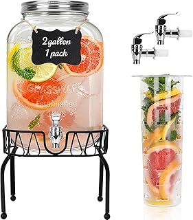 DHSBTLS Getränkespender aus Glas, 7.6 Liter, 1 Packung transparenter Getränkespender für Party, Grillen und Picknick, Saftspender mit Eiskern, schwarzem Ständer, Zapfhahn, Markern und Kreidetafel