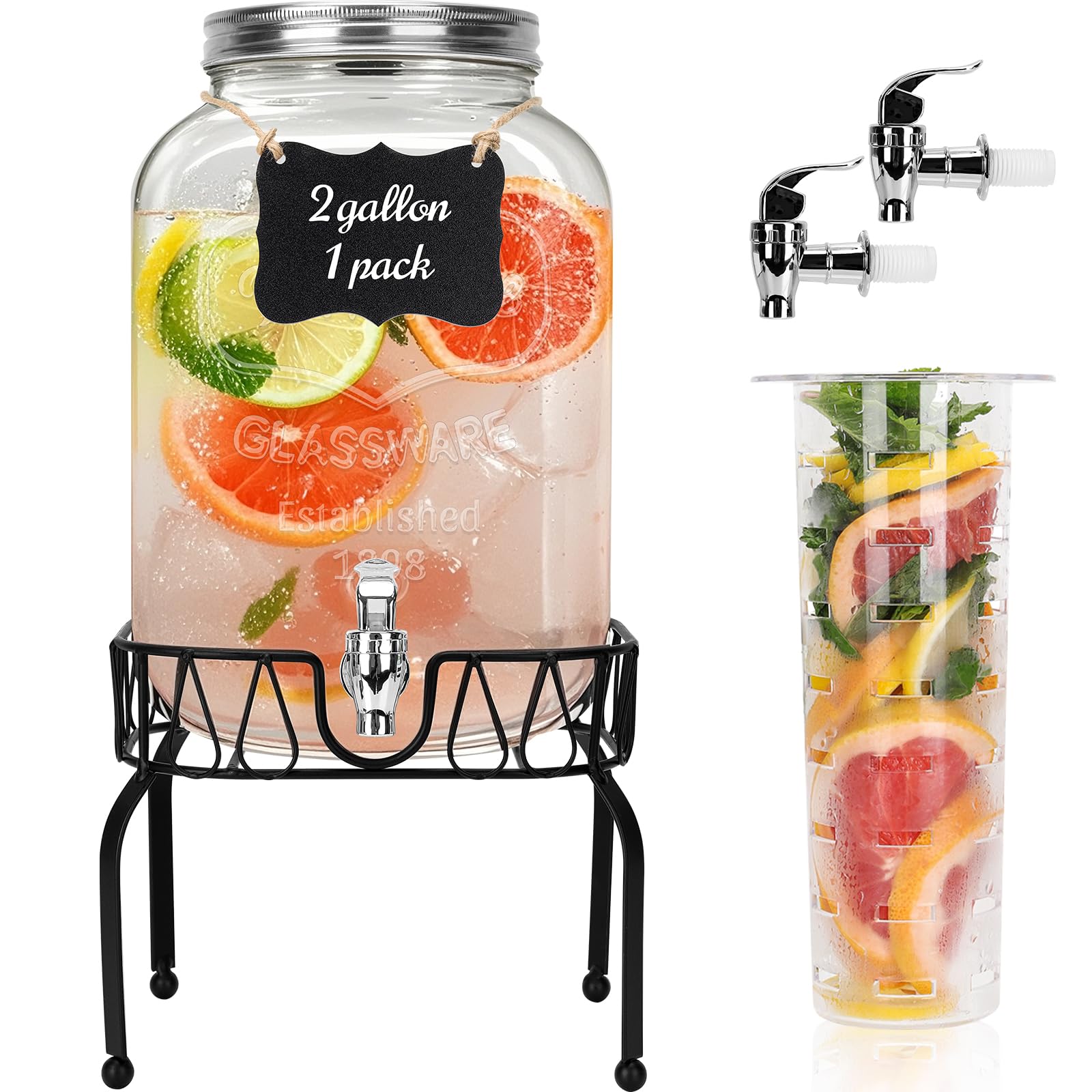 DHSBTLS Dispensadores de bebidas de vidrio de 2 galones, 1 paquete de dispensador de bebidas transparente para fiestas, barbacoas y picnics, dispensador de jugo con núcleo de hielo, soporte negro