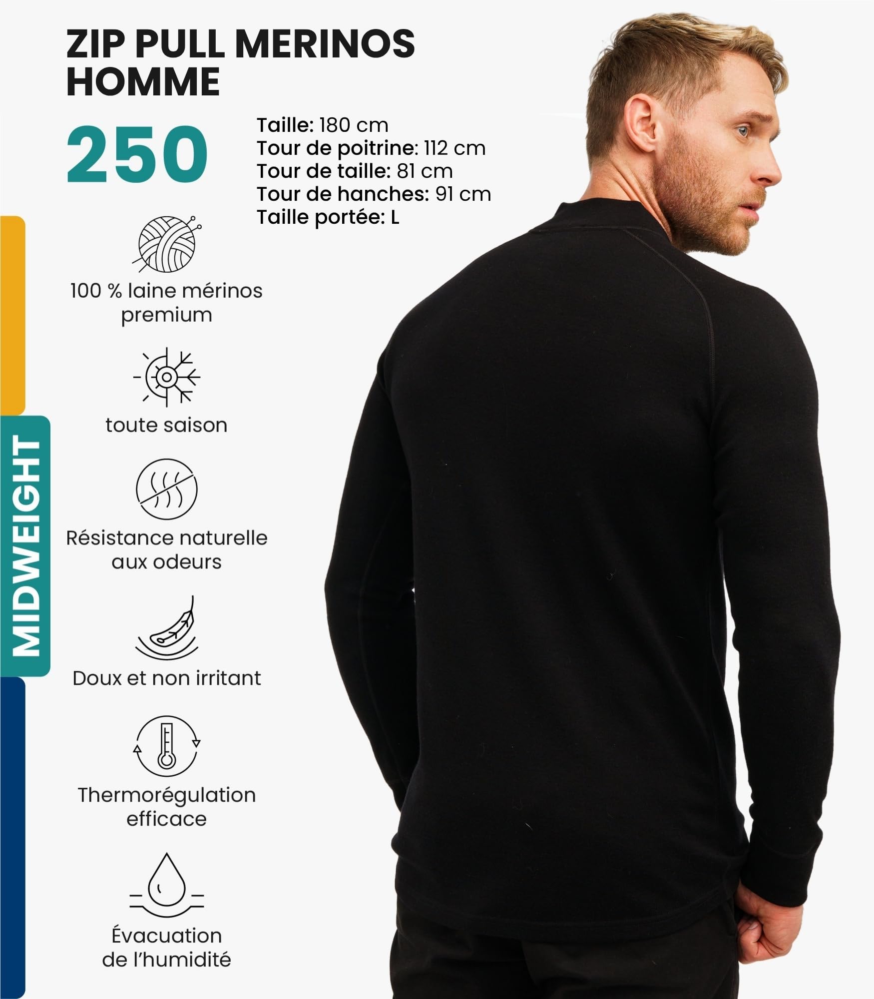 Merino.tech Demi-Zip Pull Merinos Homme - 100% sous Vetement Merinos Homme Léger, Moyen, Lourd et Chaussettes