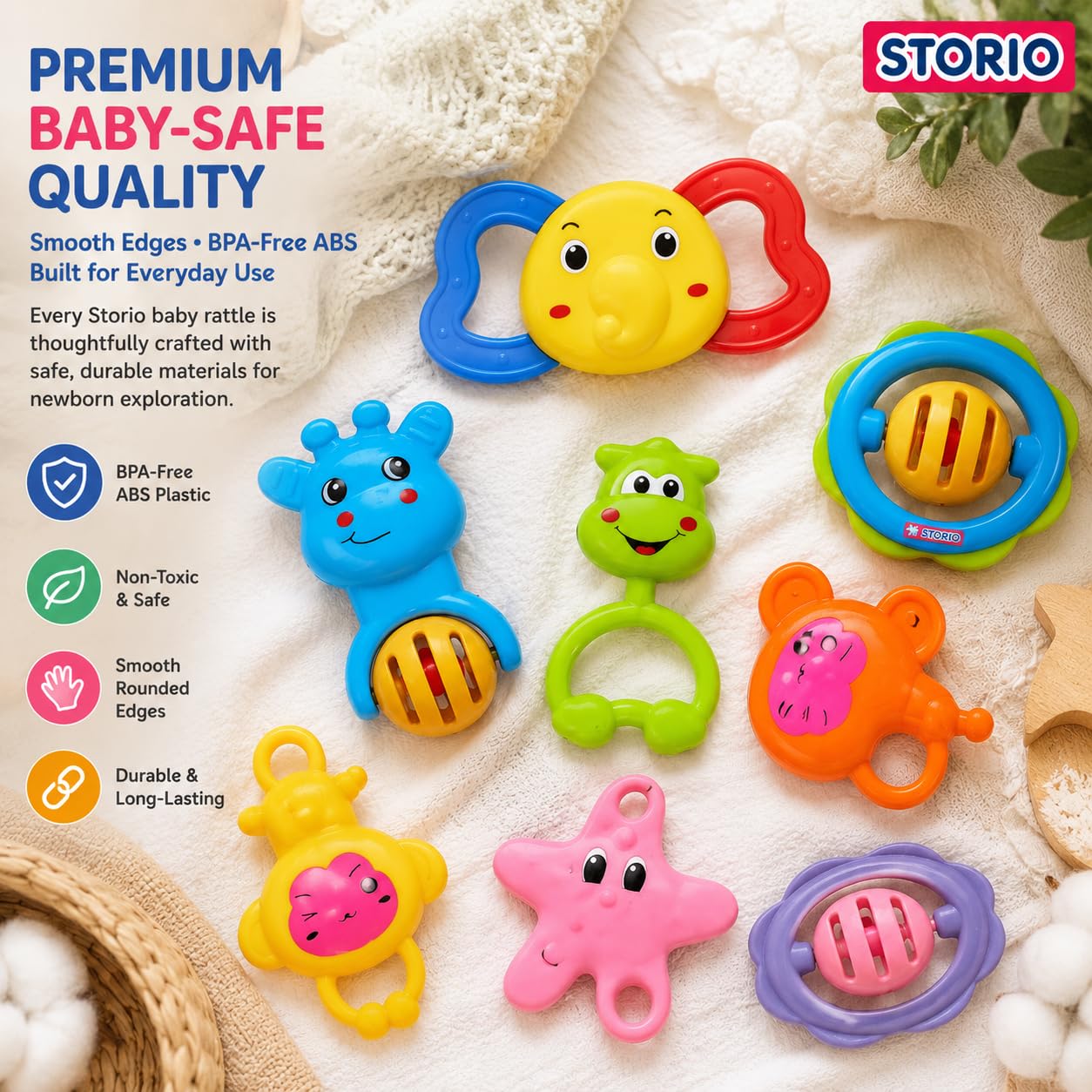 Storio Baby Products Toys 7 Pcs Rattle Set with Teathers for New Born Baby Gifts, Toy for Babies, Non-Toxic — Amazon image 5