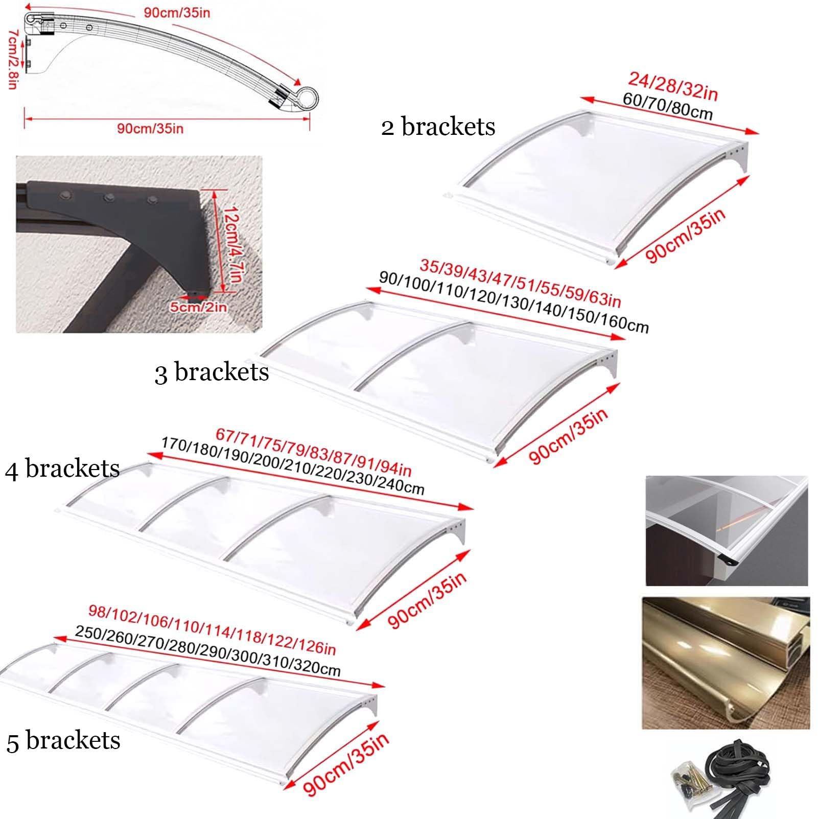 Aluminiowa markiza na drzwi wejściowe do okien zewnętrznych, osłona przeciwdeszczowa z przezroczystym panelem i srebrnym uchwytem (90 x 80 cm)