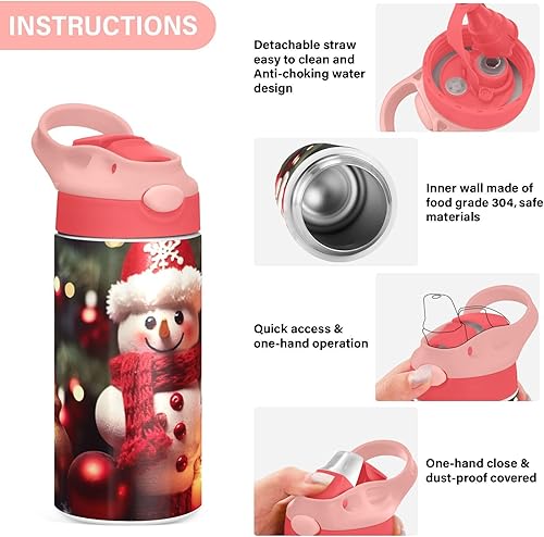 Miniatura 5 de GOODOLD Botella de agua para niños con diseño de muñeco de nieve de Navidad, botellas de agua aisladas de acero inoxidable con tapa con pajilla, 12