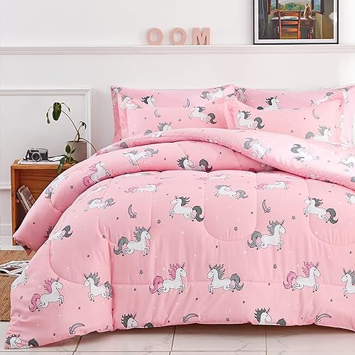 Miniatura 2 de UOZZI BEDDING Bed in a Bag - Juego de edredón reversible de 6 piezas, tamaño individual, color rosa unicornio con estrella arcoíris, microfibra