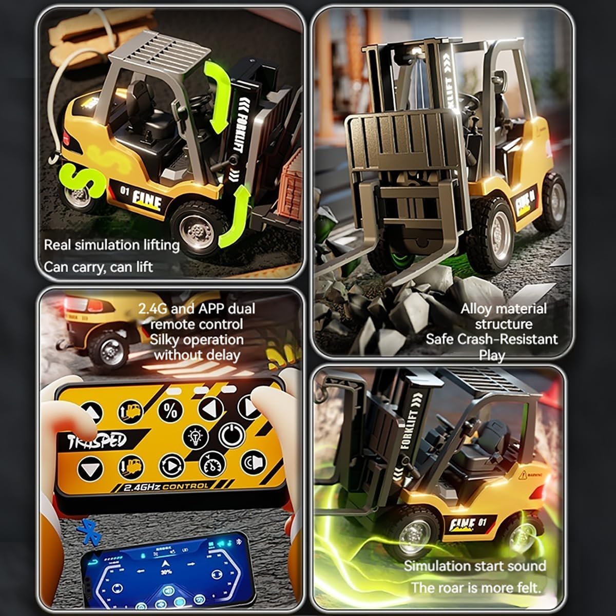 Four-panel image showing various features of the ANTSIR RC Forklift: real simulation lifting, alloy material structure, 2.4G and APP dual remote control, and simulation start sound.