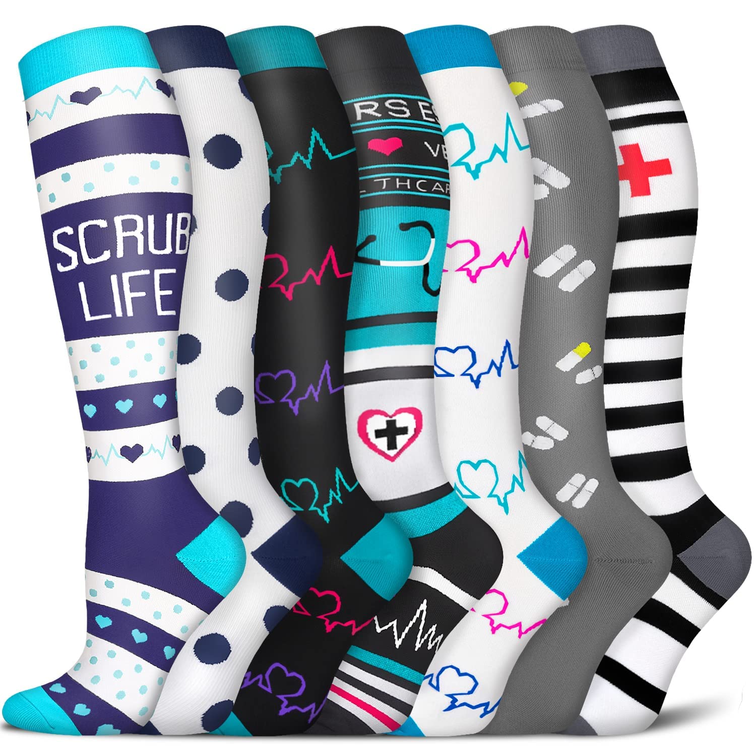 7 Pairs Graduated Compression Socks Women & Men Circulation 20-30 mmHg-Best for Running,Nurse,Travel,Cycling