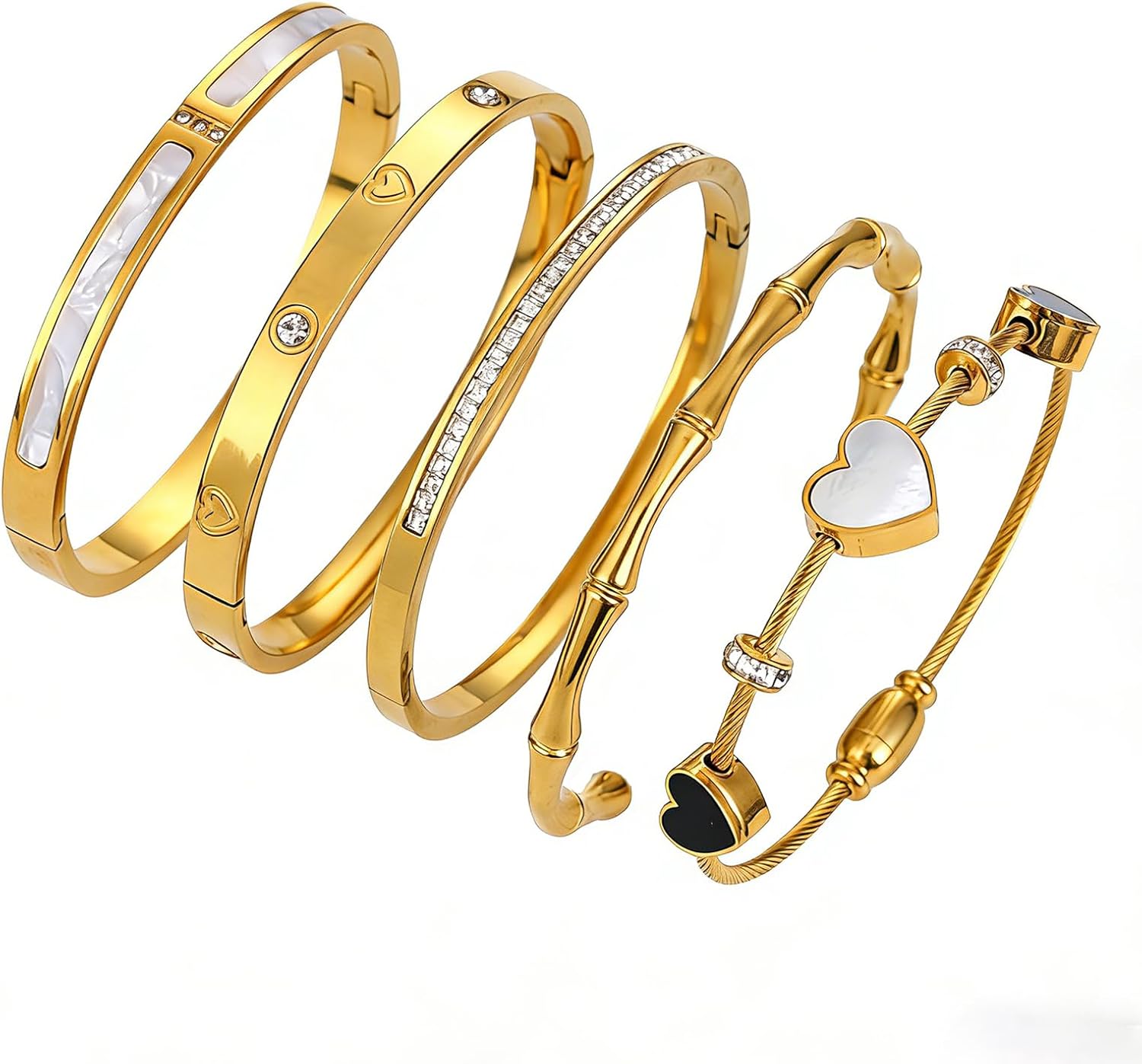 ZhiRui Women's 18K Gold Plated Stackable Bracelet Set - Waterproof Mother of Pearl Heart Cubic Zirconia Jewelry Gifts for Women - Image 9