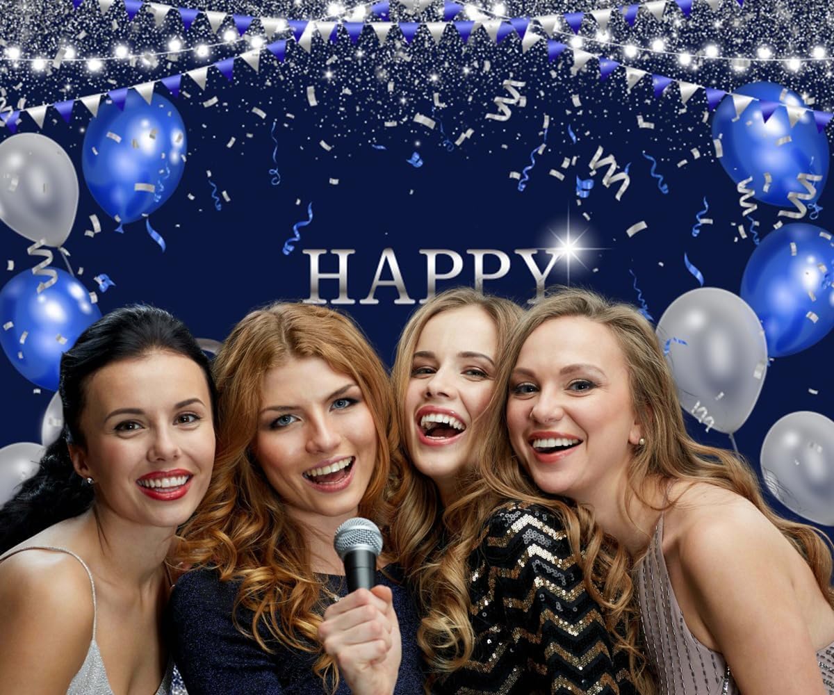 12x8ft Blue Birthday Backdrop Blue and Silver Balloons Glitter Happy Birthday Photography Background for Men Women 30th 50th 60th Birthday Backdrop Party Decorations Banner Studio Photo Booth Props