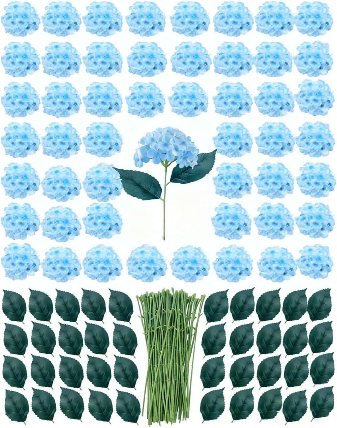 100 Pack Artificial White Hydrangea Flowers with Leaves, 6 Inch Silk Flower Heads, DIY Mother's Day Wedding Decor Set with 200 Leaves, 100 Stems