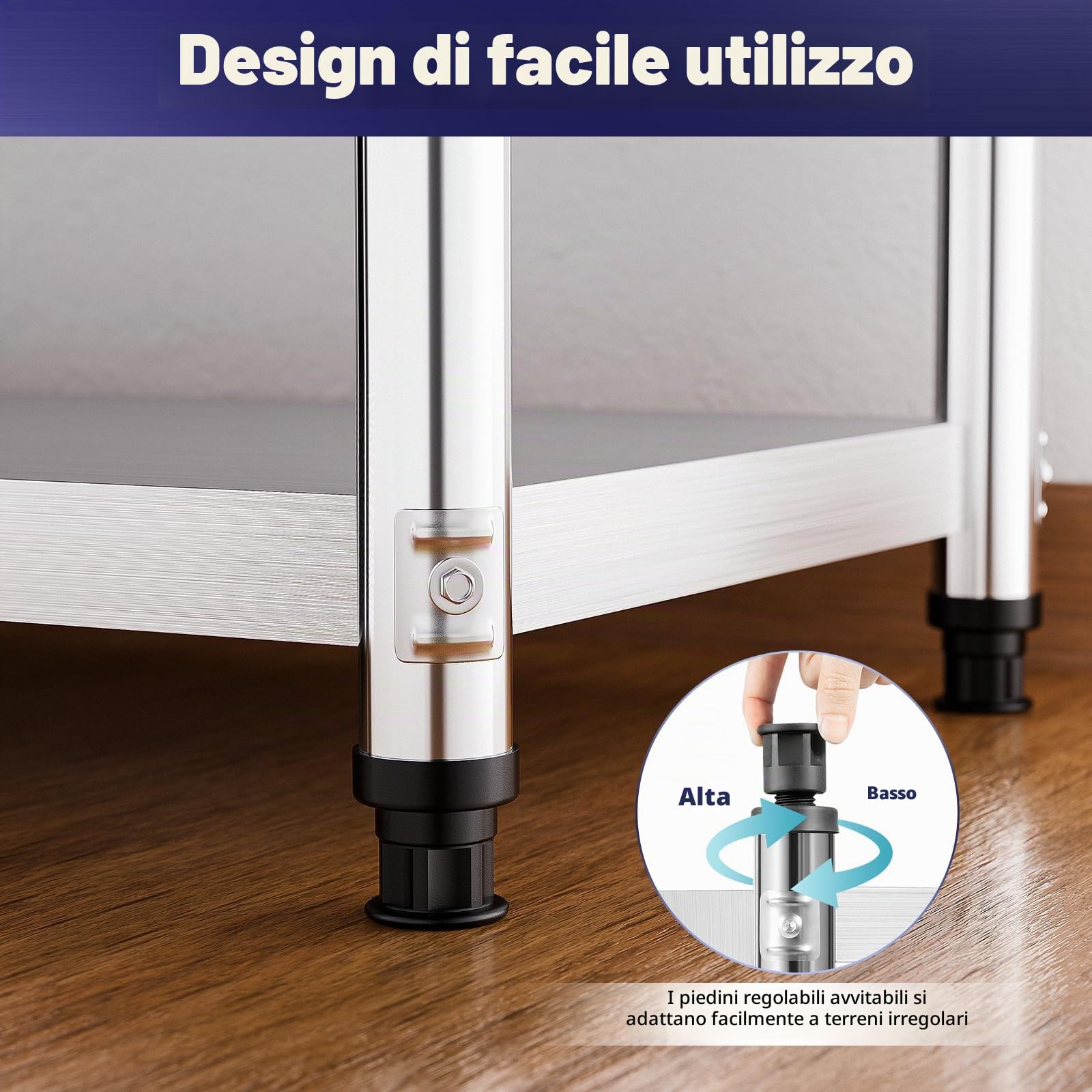 Scaffale da Cucina con 3 Ripiani, Scaffalature in Acciaio Inox, Fino a 50 kg