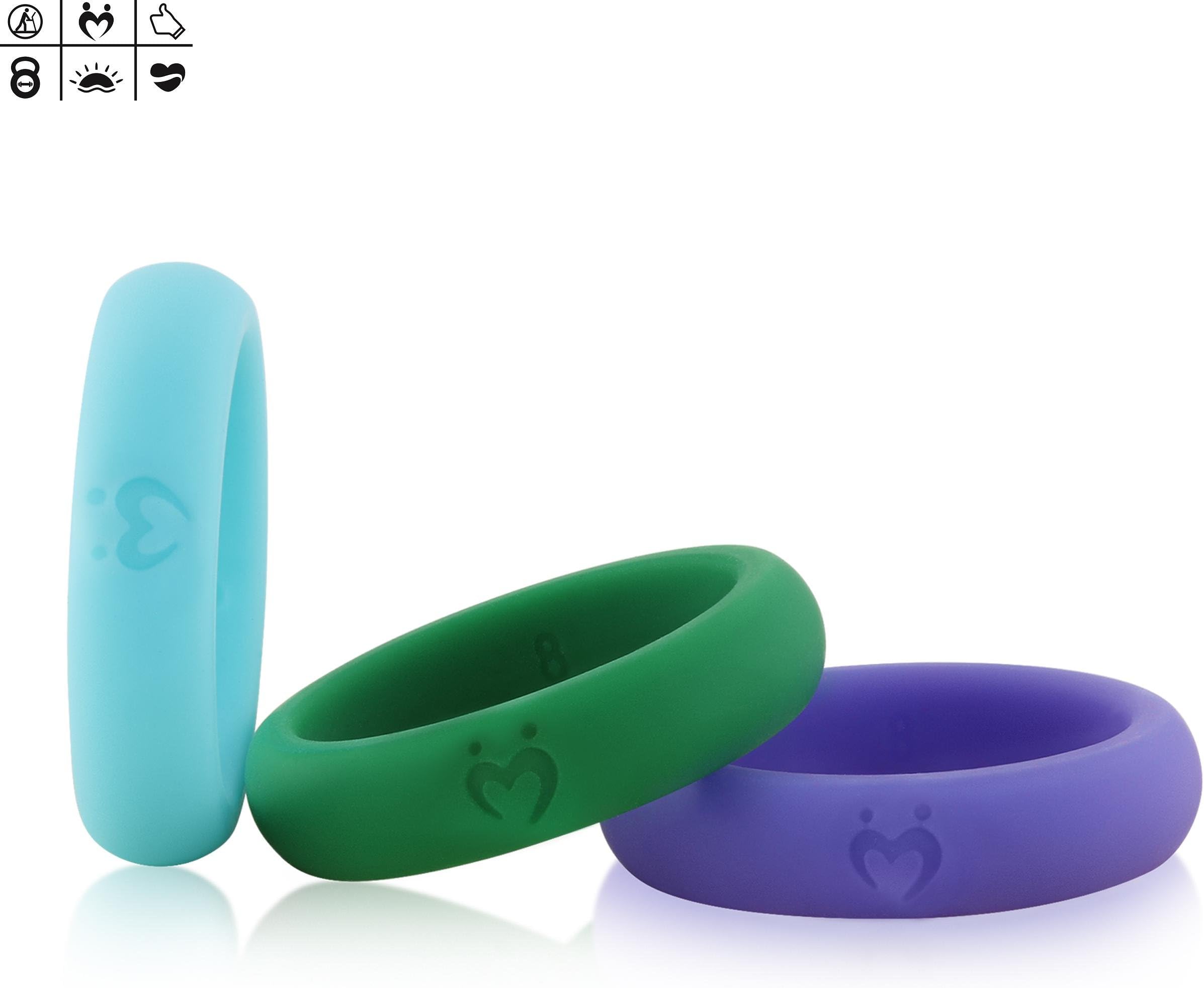 Silicone Wedding Ring for Women, Love Mates Series Silicone Rings, Optimizing Surface, Edge Trimmed Completely, 3 Ring, Aqua, Forest Green, Lavender Indigo