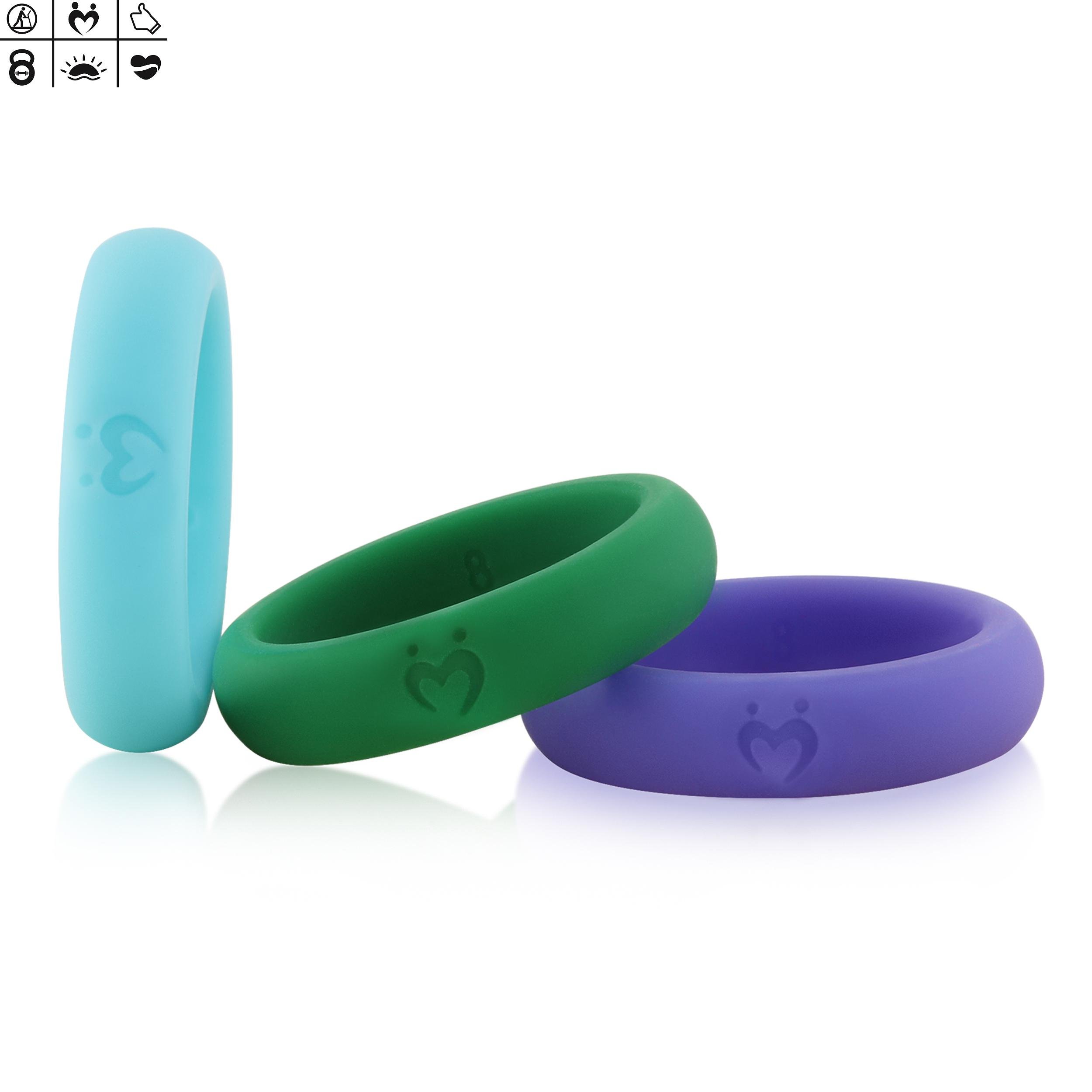 Silicone Wedding Ring for Women, Love Mates Series Silicone Rings, Optimizing Surface, Edge Trimmed Completely, 3 Ring, Aqua, Forest Green, Lavender Indigo