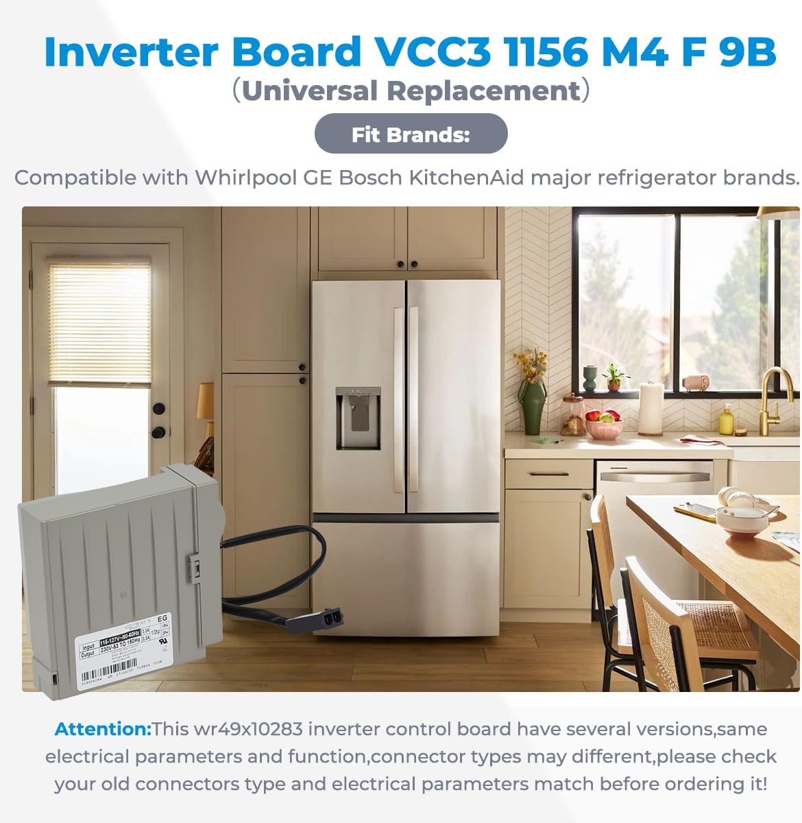 W10710090 Refrigerator Inverter Control Board,Upgraded OEM Inverter Board VCC3 1156 M4 F 9B (3.3A Output) for Major Refrigerator Brands Replace W10154805,W10893917,WR49X10283